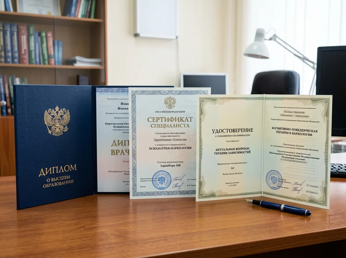 Сертификаты специалистов врачей-наркологов клиники ЗдравНарк НН, дипломы о высшем медицинском образовании и свидетельства о повышении квалификации
